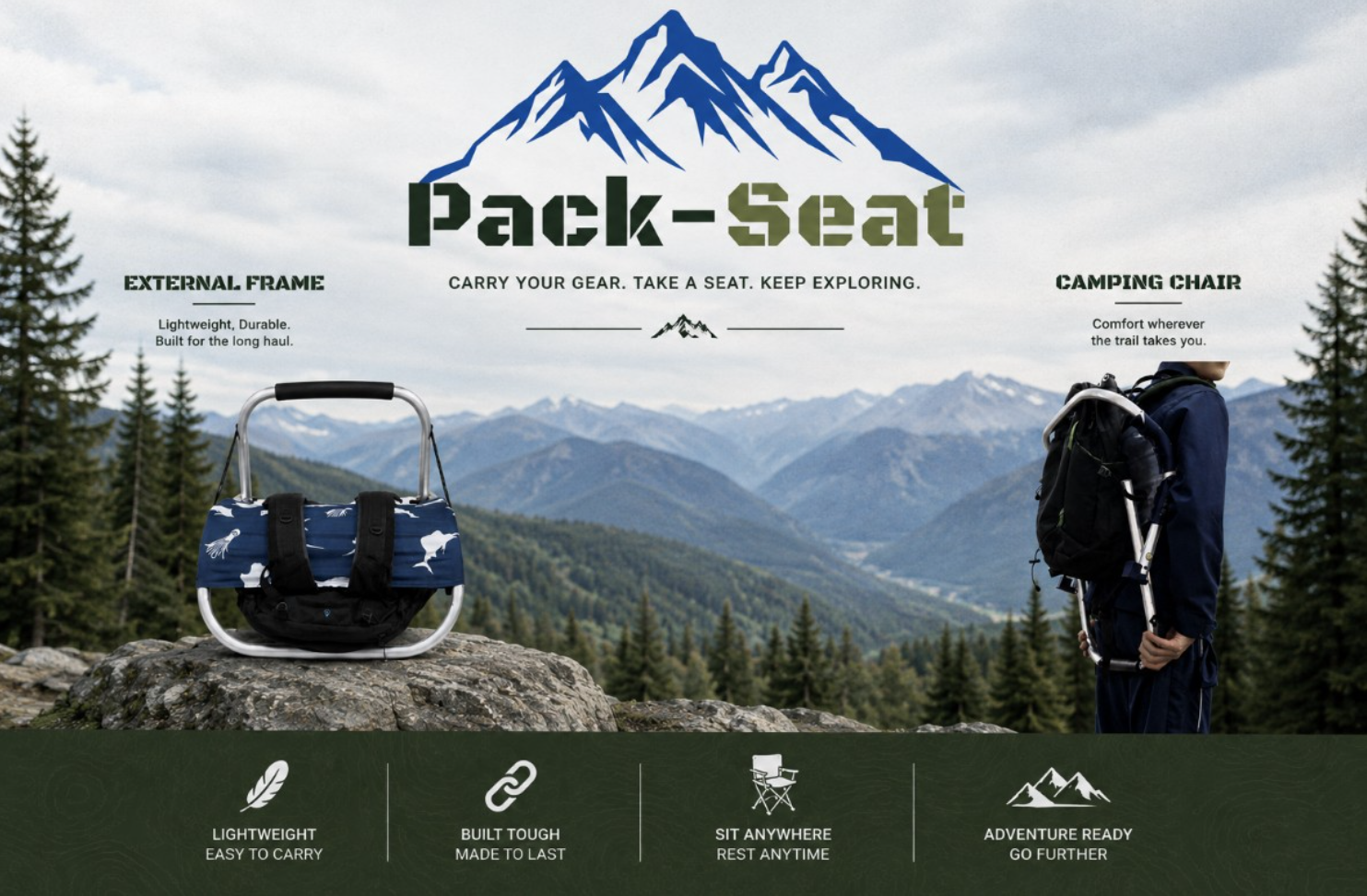 Pack-Seat promotional banner showing the external frame and camping chair against a mountain backdrop