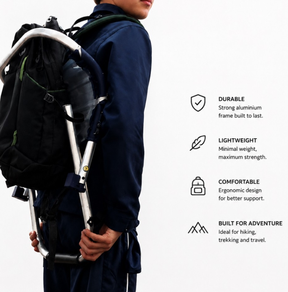 The Pack Seat shown in hiking mode with the frame supporting a backpack